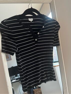 KULE Black and White Striped Short-Sleeve Henley Tee